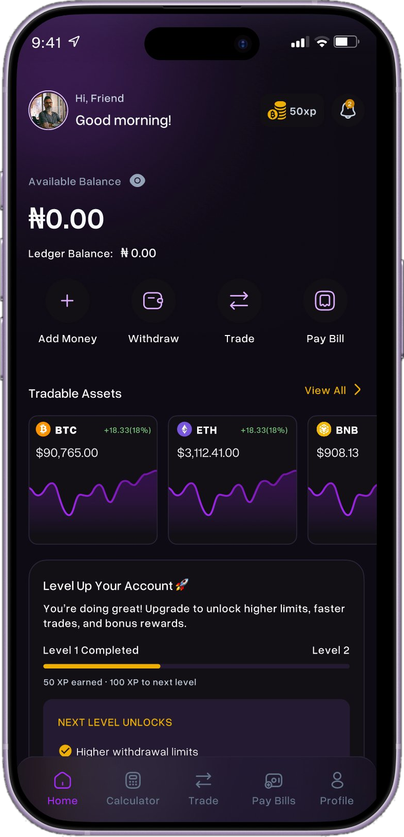 WB Exchange mobile app — home dashboard